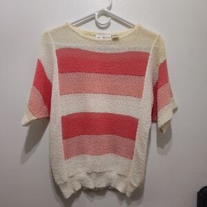 90s Vintage Shapely Knits Cream and Pink Striped Sweater